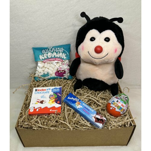 Подарочный набор, бокс, Мягкая игрушка Божья-коровка 25 см, сладости Kinder шоколад, яйцо, маршмеллоу, BabyFox