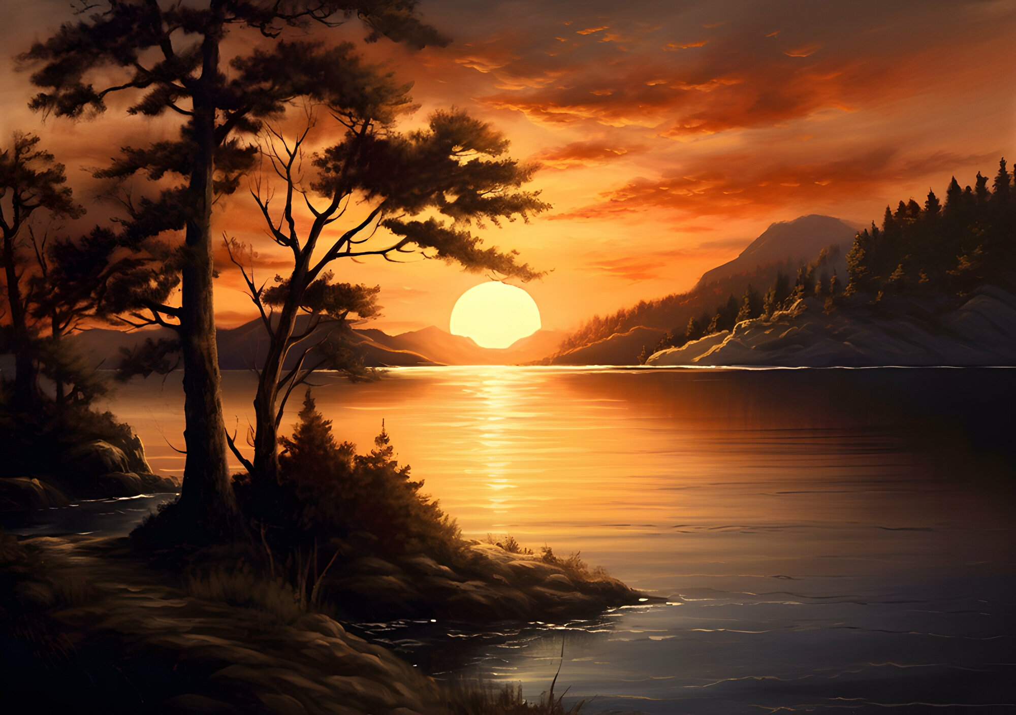 Постер - "Пейзаж с озером и закатом"на самоклеющейся / А3 / в тубусе без рамы