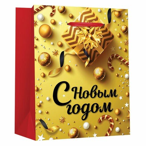 Пакет подарочный (1 штука) новогодний 26x13x32 см, золотая сказка "New Year", глиттер, 608229