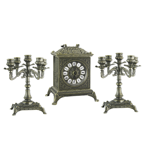 Часы бронзовые каминные Ларец с канделябрами антик AL-82-108-B-ANT