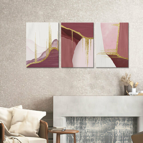 Картина интерьерная- Пыльно-розовый холст с золотом (3 модуля-общий размер 80х180)