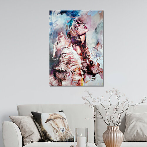 Картина интерьерная-Девушка волки акварель арт 20х30
