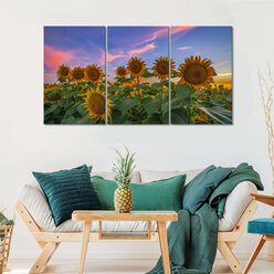 Модульная картина/Модульная картина на холсте/Модульная картина в подарок/ Подсолнухи в поле на закате/Sunflowers in a field at sunset 90х50