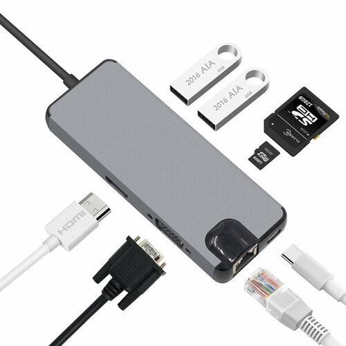 Адаптер-переходник 8 в 1 мультипорт USB Type-C to HDMI, VGA, LAN, USB 3.0, LAN, USB-C UCH-0049