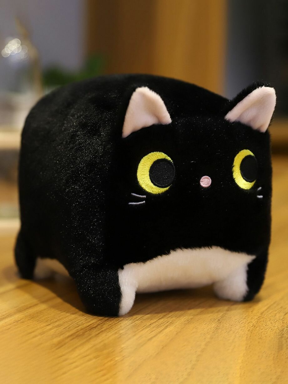 Мягкая игрушка-подушка глазастый квадратный Котик 45 см, черная