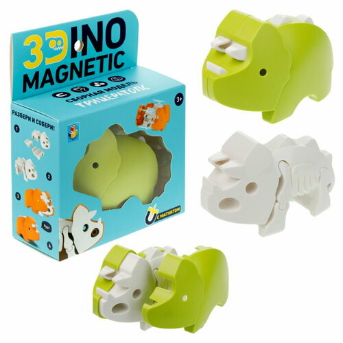 фото Игрушка динозавр 1toy 3dino magnetic трицератопс, сборный, с магнитом, для развития моторики и сил рук, цвет зеленый 1 toy