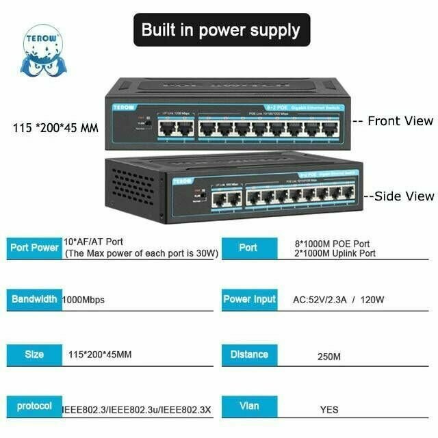 PoE Коммутатор ART-TXE226 10 портов: 8 Gigabit PoE + 2 RJ45(UpLink) 120W