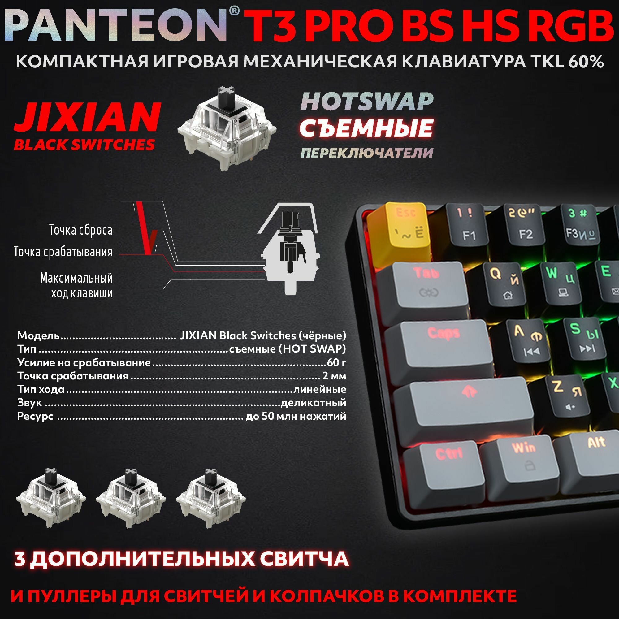 PANTEON T3 PRO BS HS RGB Black-Grey (41) Механическая клавиатура (Jixian Black 61 кл HotSwap USB)