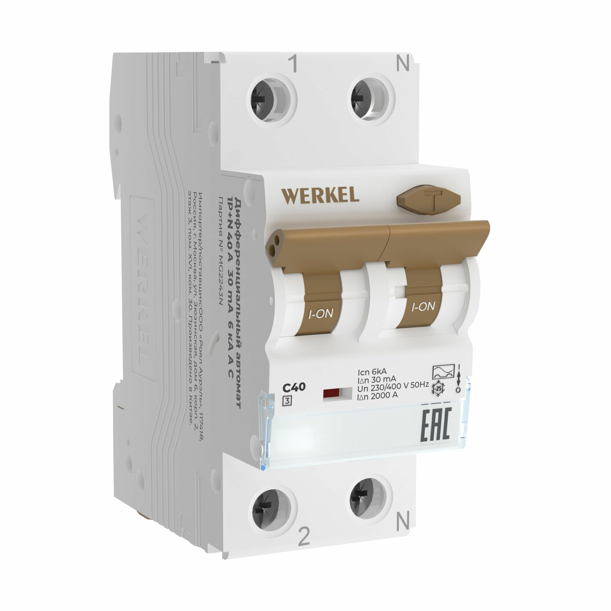 Дифференциальный автомат 1P+N Werkel W922P164 40 A электромеханический, 30 mA, 6 kA, C A - фотография № 1