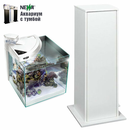Аквариум с тумбой Newa More reef NMO 30RW Daylight LED, 28 л, с фильтром, скиммером, нагревателем и освещением рассвет-закат, белый NEW VERSION