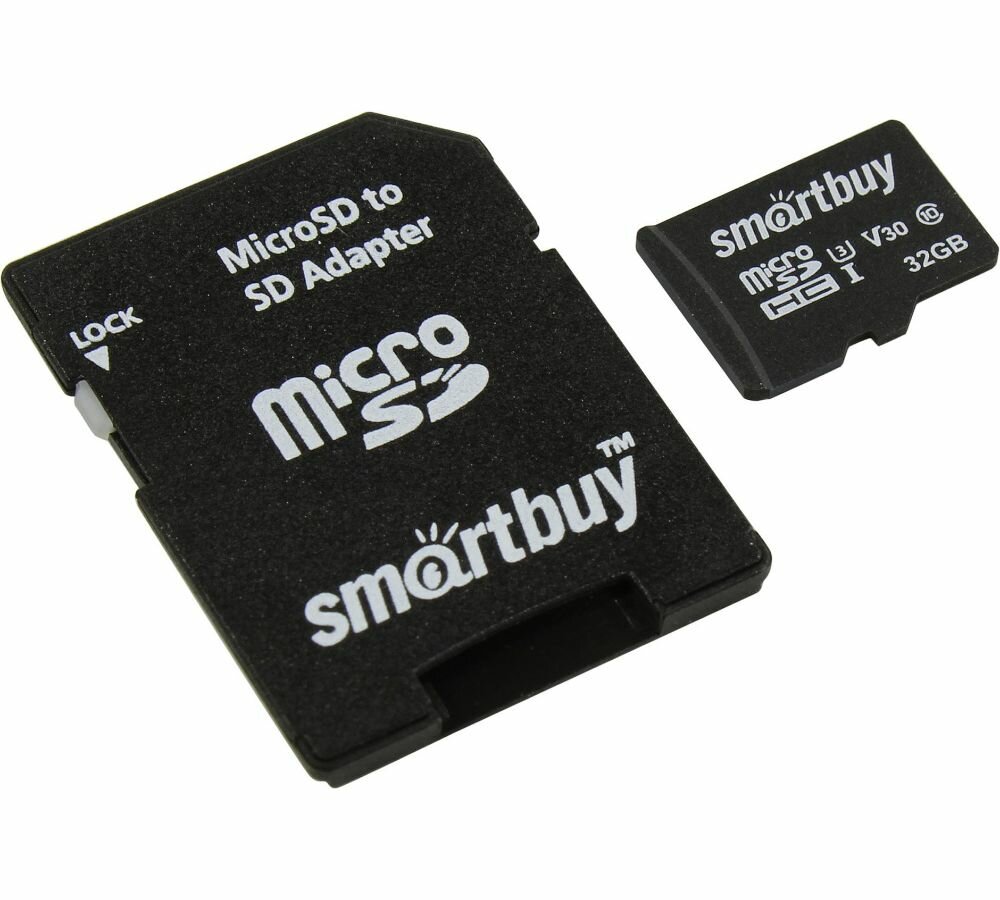 Карта памяти SmartBuy microSDHC 32 ГБ Class 10, V30, UHS Class 3, R/W 95/60 МБ/с, адаптер на SD, 1 шт., черный