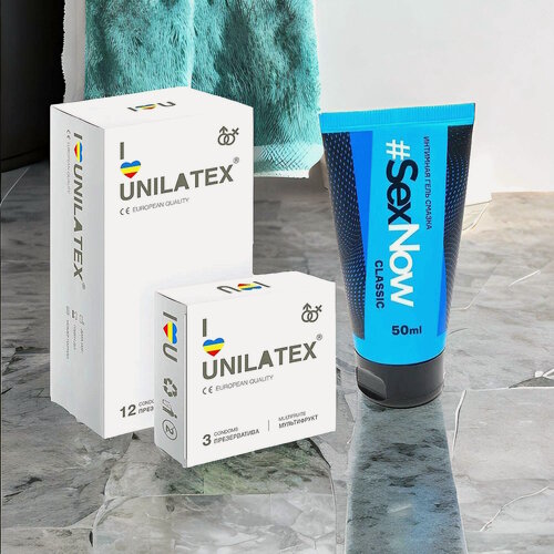 Изображение товара Презервативы для секса мультифруктовые Unilatex Multifruit 12 шт 3 шт в подарок + интимная смазка для секса SexNow Classic 50 мл