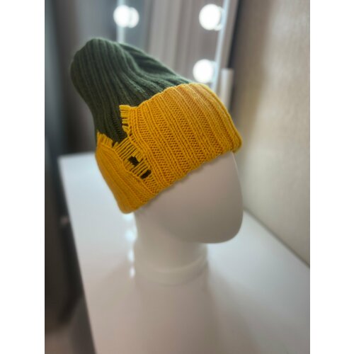 фото Шапка бини рваная, размер 54/56, хаки, желтый hand made shop
