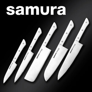Набор ножей для кухни Samura HARAKIRI / комплект из 5 кухонных ножей (овощной, универсальный, Накири, Сантоку, Шеф) SHR-0250W