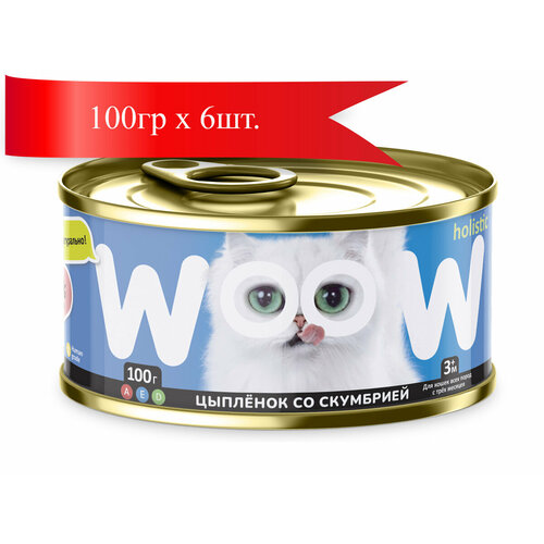 WOOW консервы для кошек Цыпленок со скумбрией филе в желе 100гр*6шт