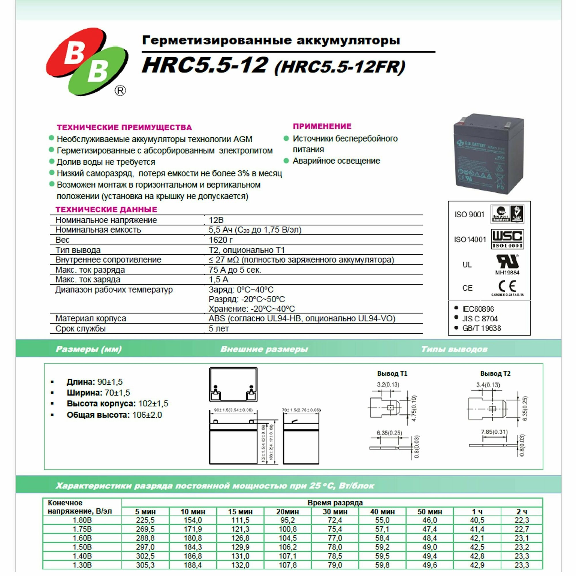 Аккумуляторная батарея BBBattery (HRC 55-12)