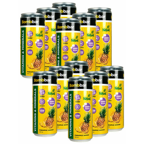 Bombbar, Натуральный лимонад без сахара с витаминами, упаковка 12х330мл (Ананас)