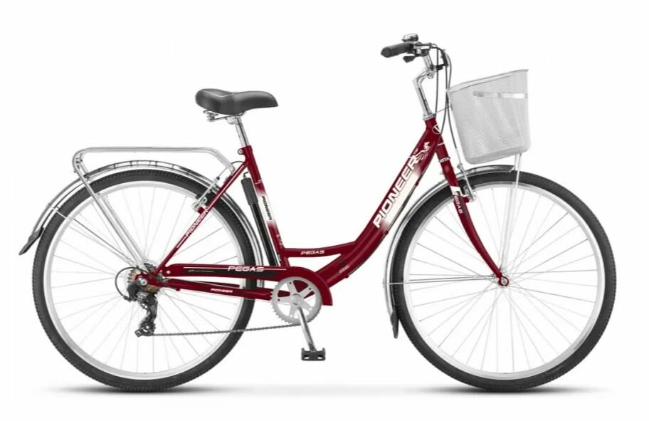 фото Велосипед Pioneer Pegas 28/18 cherry-white-black /открытая рама+корзина