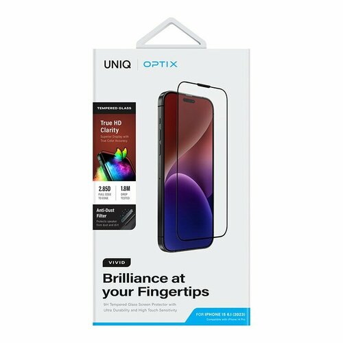 Uniq стекло для iPhone 15/14 Pro OPTIX Vivid (true colors Anti-dust) Clear/Black (+instal) uniq стекло для iphone 13 13 pro optix vivid true colors clear black