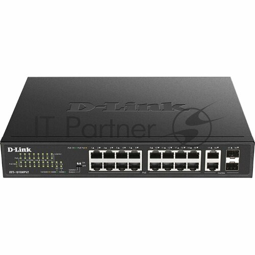 D-Link Коммутатор DES-1018MPV2 E Unmanaged Switch 16x100Base-TX PoE 2xCombo 1000Base-T SFP PoE Budget 247W Long-range PoE up to 250m metal case 2547300₽