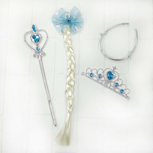 Набор карнавальных аксессуаров, 3 предмета: коса, корона, палочка, цвет: синий
