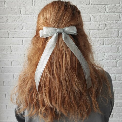 Бант репсовый - заколка ручной работы в школу Matryona decor, серебристый, 1шт.