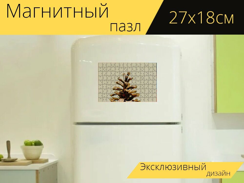 Магнитный пазл "Шишка, лоблольская сосна, украшение" на холодильник 27 x 18 см.