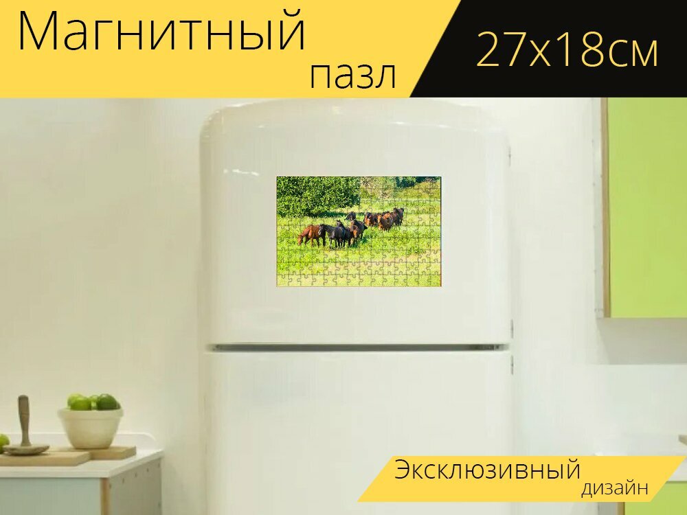 Магнитный пазл "Лошади, табун лошадей, луг" на холодильник 27 x 18 см.