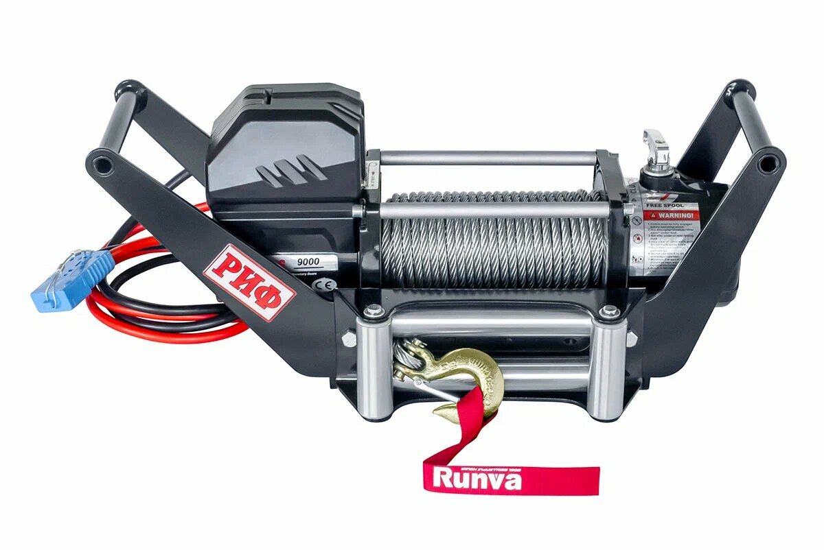 Лебёдка переносная РИФ 9000 c площадкой в квадрат для фаркопа и проводами (в сборе) стальной трос