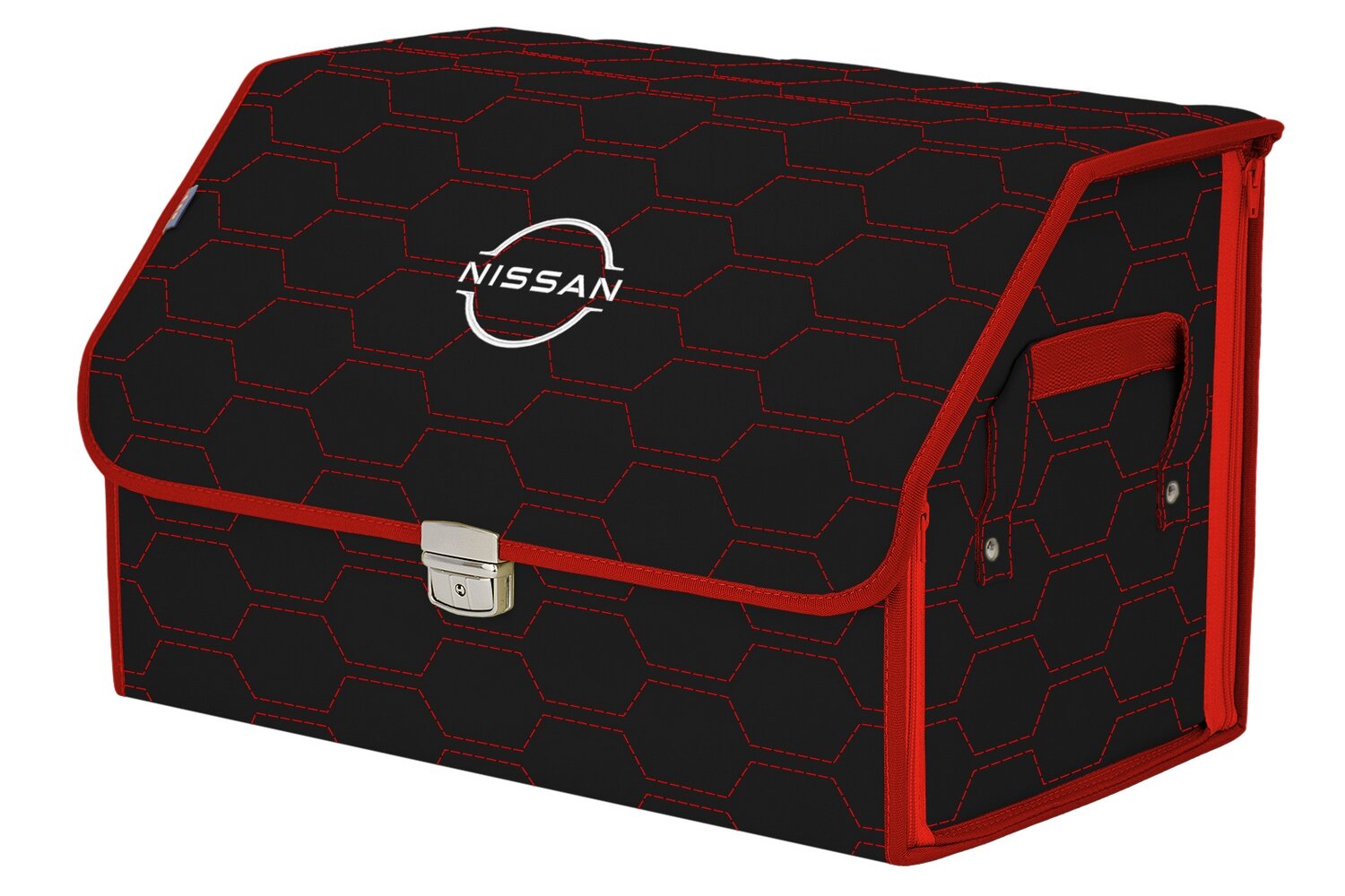 Органайзер-саквояж в багажник "Союз Премиум" (размер L). Цвет: черный с красной прострочкой Соты и вышивкой Nissan (Ниссан).