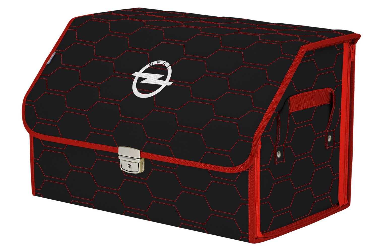 Органайзер-саквояж в багажник "Союз Премиум" (размер L). Цвет: черный с красной прострочкой Соты и вышивкой Opel (Опель).