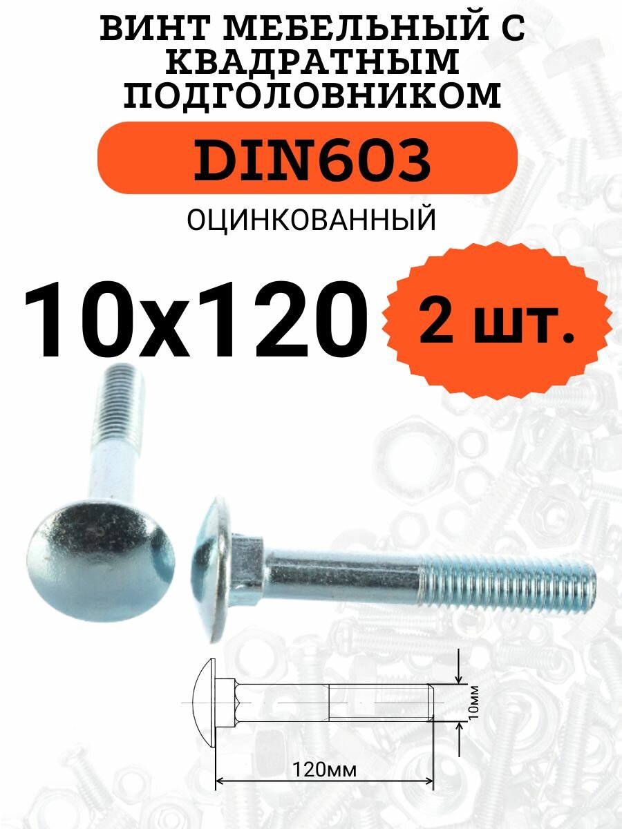 DIN603 М10х120 винт мебельный с квадратным подголовником, 2 шт.
