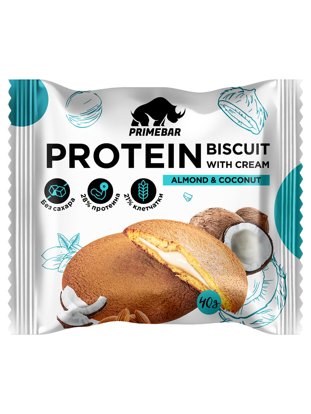 Протеиновое печенье PRIMEBAR PROTEIN BISCUIT, 10 шт*40 гр, вкус: кокос и миндаль