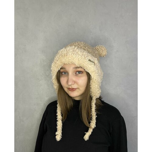 фото Шапка ушанка плюшевая шапка ушанка с ушками, шапка на флисе с завязками, размер 52-58, бежевый divina home