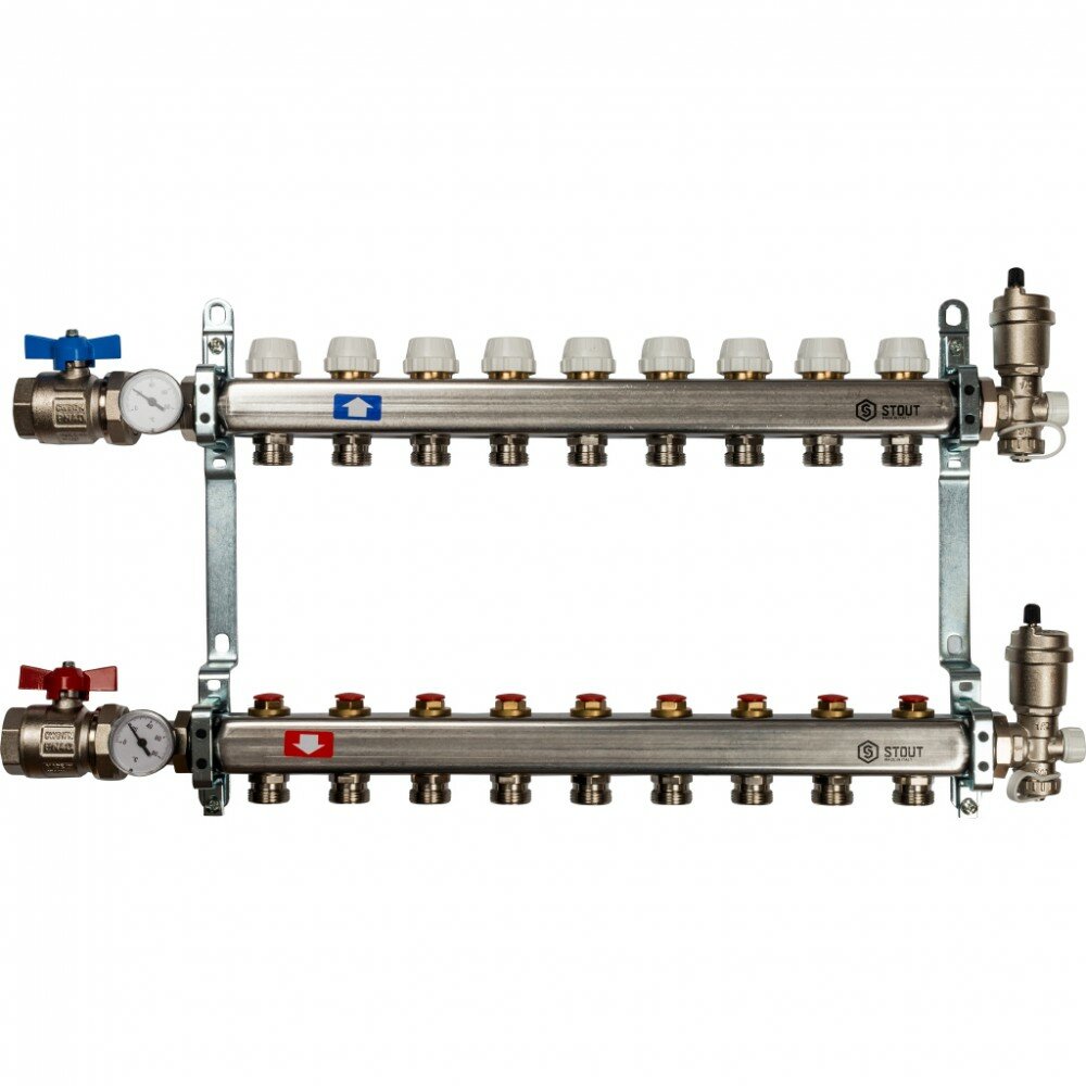 Коллектор распределительный STOUT 1"x3/4" на 5 контуров, с запорными клапанами, нержавеющая сталь, арт. SMS-0912-000005