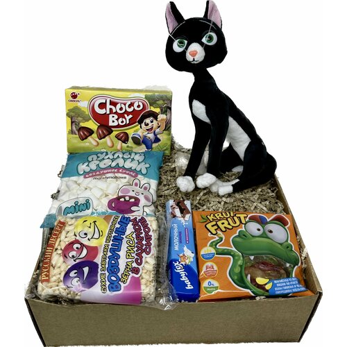 Подарочный детский набор для девочки, мальчика, мягкая игрушка Кошка Варежка (Вольт), сладости Kinder шоколад, маршмеллоу, BabyFox, грибочки