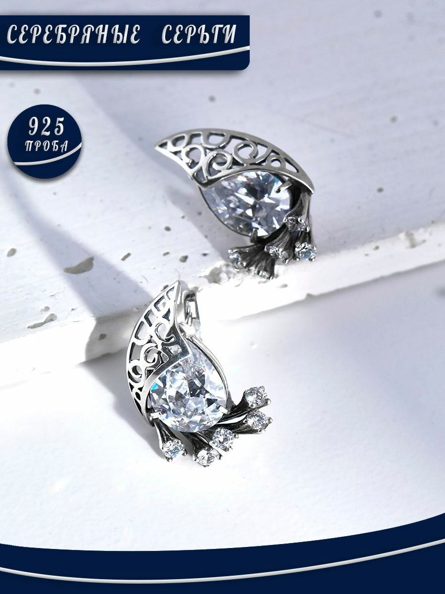 Серьги БРЮС, серебро, 925 проба, фианит