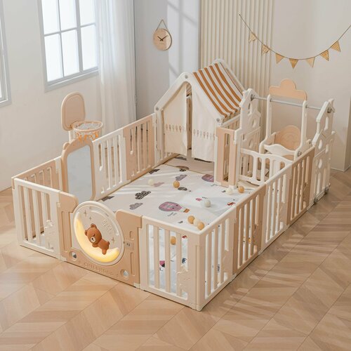 Манеж UNIX Kids DeLuxe House Camel 150x180 см, с игровым домиком, баскетбольной стойкой, доской для рисования, качелями, кремовый, молочный, бежевый