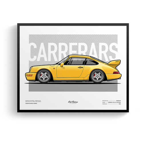 Плакат, картина, постер с авто в раме Porsche 911 Carrera RS 3.8 (Type 964) / плакат на стену (40х50см)