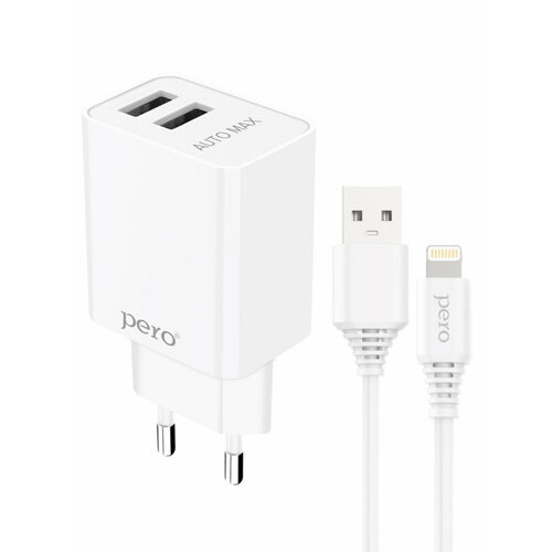 Сетевое зарядное устройство PERO TC02 2USB, 2.1A, c кабелем Lightning в комплекте, белый сетевое зарядное устройство pero tc02 2usb 3 4a белый