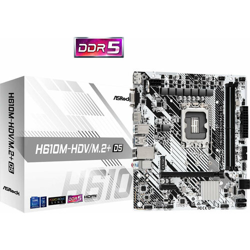 Материнская плата Asrock H610M-HDV/M.2+ D5 Soc-1700 Intel H610 2xDDR5 mATX AC`97 8ch(7.1) GbLAN+VGA+HDMI+DP материнская плата asrock h610m hdv lga1700 h610 2хddr4 hdmi dp vga matx