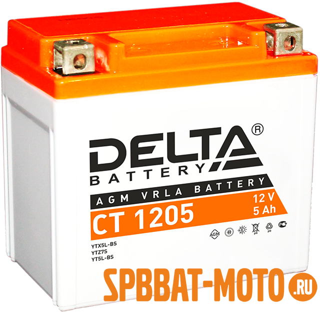 Аккумулятор AGM стартерный герметичный Delta CT 1205 | YTX5L-BS, YTZ7S и YT5L-BS (12V / 5 Ah / 114х70х106 мм / ток 80 А) обратная полярность (- +)