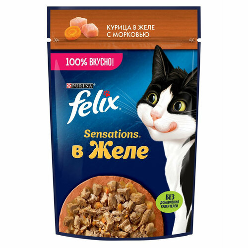Felix Sensations полнорационный влажный корм для кошек, с курицей и морковью, кусочки в желе, в паучах - 75 г х 26 шт