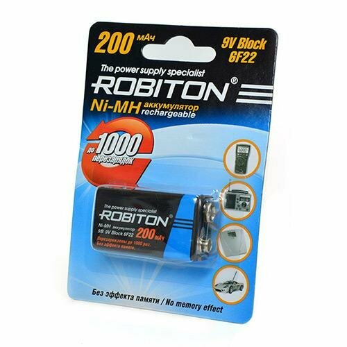 Аккумулятор Robiton 6HR61 (Крона) Ni-Mh Block 200mAh BL1 200MH9, 1шт. ni mh аккумулятор robiton 200mh9 bl 1 12239 9в 200мач размер крона металлогидридный 1шт в упаковке