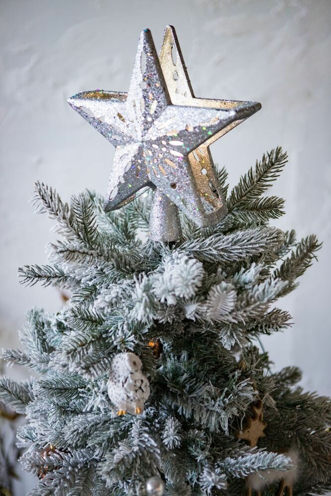 Ёлочная верхушка-светильник звезда И снежинки, серебряный, 4 холодных белых LED-огня, 25 см, Kaemingk (Lumineo) 482260-серебряный