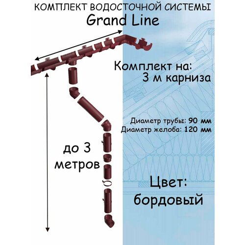 Комплект водосточной системы Grand Line бордовый 3 метра (120мм/90мм) водосток для крыши пластиковый Гранд Лайн вишневый (RAL 3005)