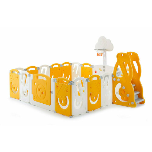 Манеж UNIX Kids "SUPREME Music" Yellow, желтый/белый, 200x200 см, с ковриком, горкой и баскетбольным кольцом для дома и улицы белый, желтый, белый