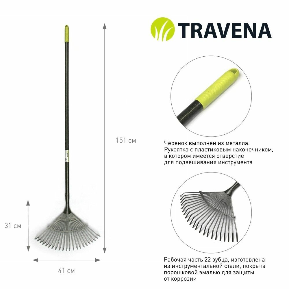 Грабли веерные TRAVENA 22 зуба с металлическим черенком - фотография № 2