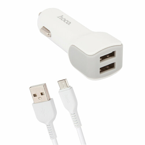 Автомобильная зарядка HOCO Z23 Grand Style 2xUSB, 2.4А с кабелем MicroUSB 1м (белая)