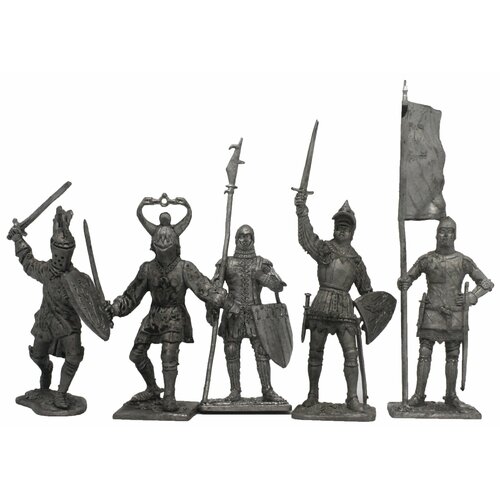 Французские средневековые рыцари и воины №1ЕК (5 н/к) набор оловянных солдатиков некрашеных в картонной коробке
